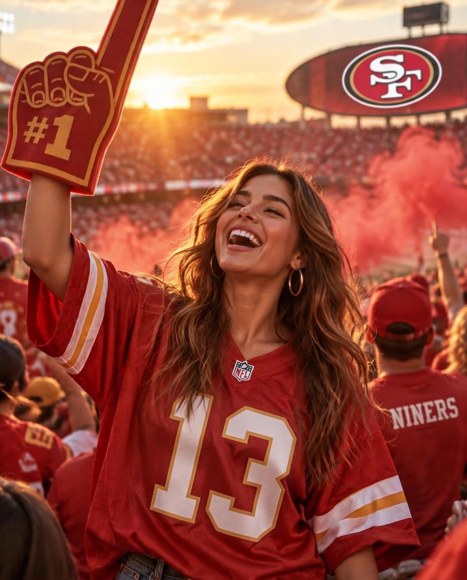 A 49ers fan in a red jersey cheering with a foam finger